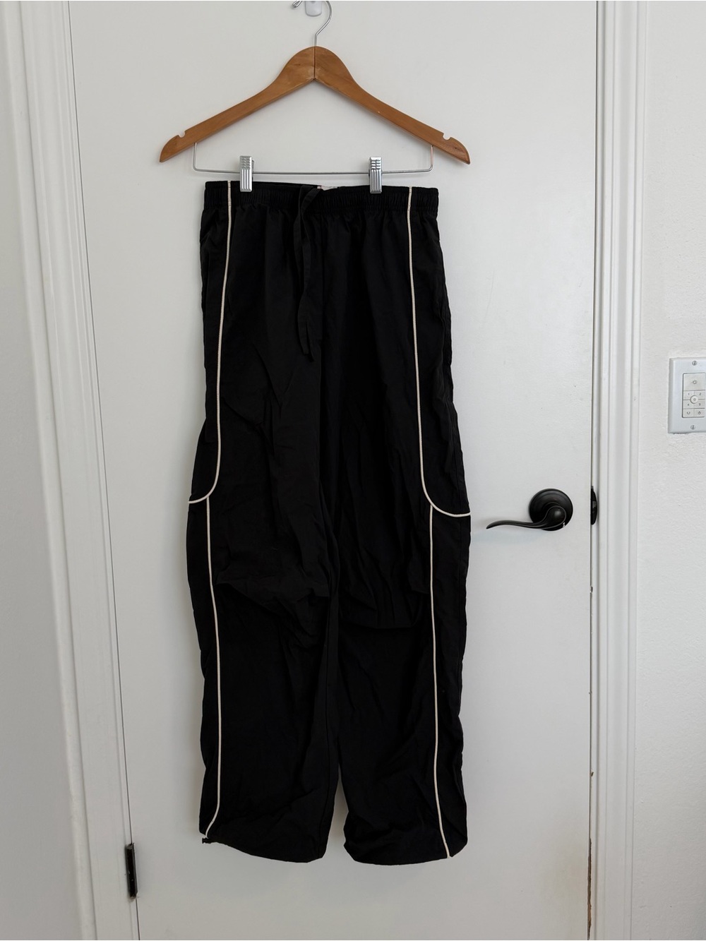 BDG Urban Outfitters Jess Nylon Track Pants in black with ankle toggles (Small)
